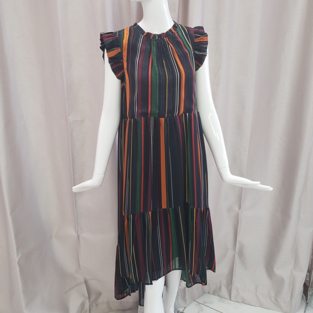 Navy Multi Stripe Lurex Hi-Lo Tier Dress